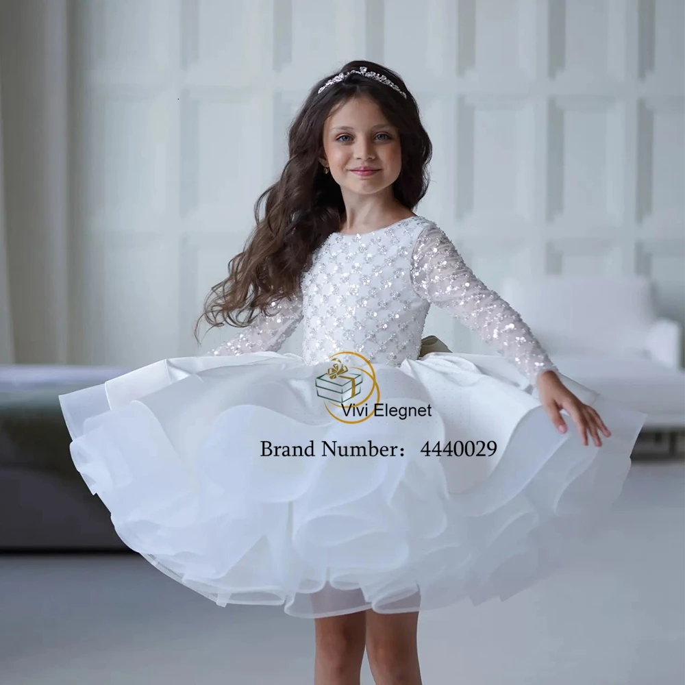 White Flower Girl Dresses for Girls 2023 Fulll Sleeve Scoop Wedding Party Gown with Sequined Summer New فساتين للحفلات الراقصة