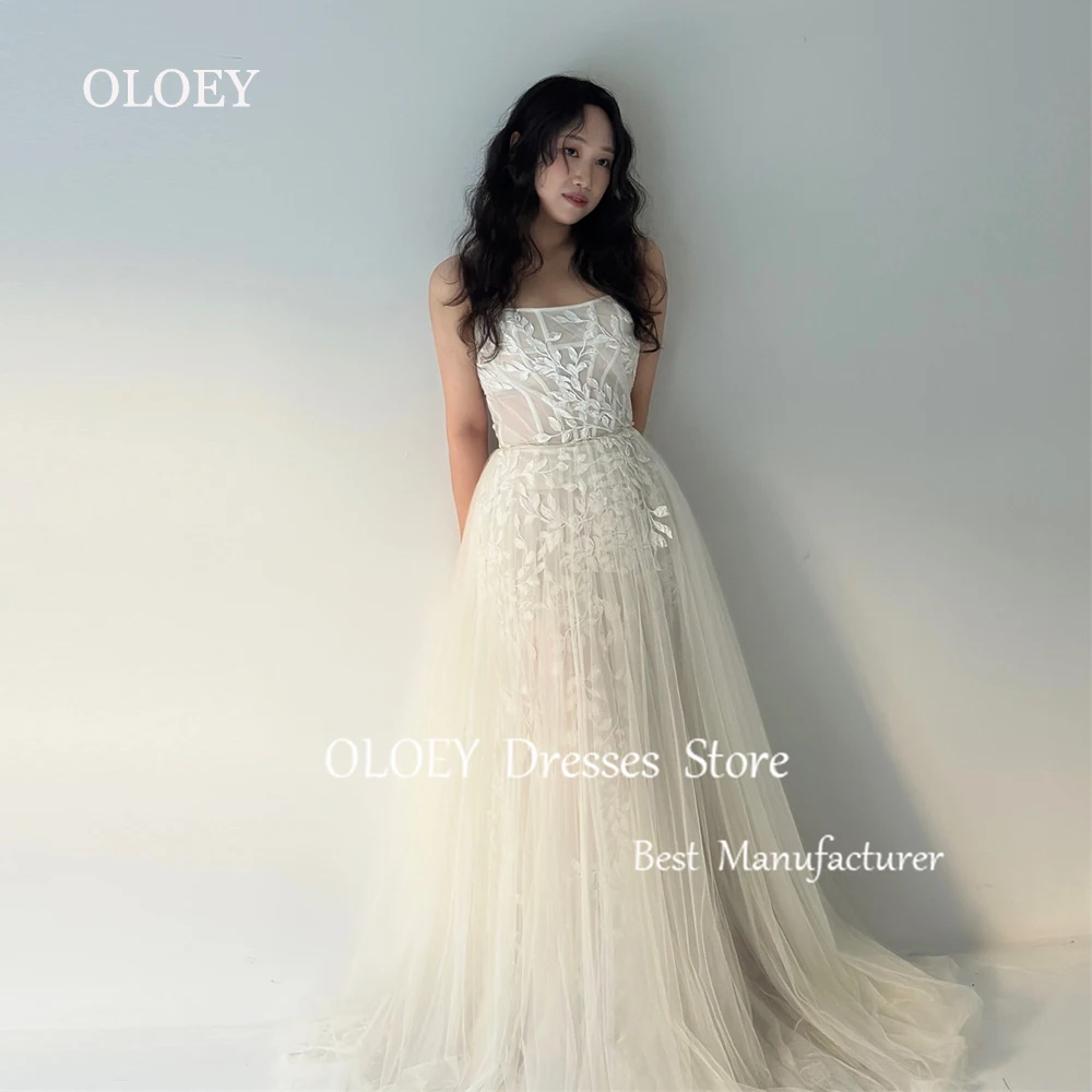 OLOEY Exquisite Ivory A Line Wedding Dress Korea Photoshoot Appliques Soft Tulle Bridal Gown Scoop Neck Sleeveless Customized