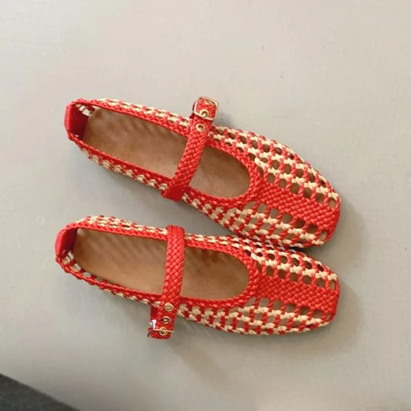 

Red Fabric Woven Hollow Out Mary Jane Single Shoe Spring Summer Comfortable Leisure Vacation Commuting Mixed Color Flat Shoes