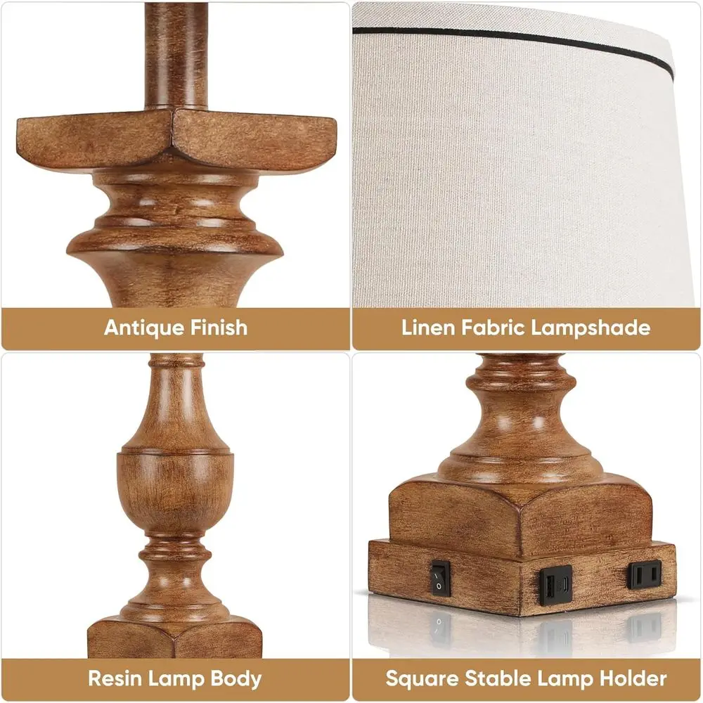 مصابيح طاولة من الخشب المحبب، مجموعة مصابيح مكتبية مكونة من 28 قطعة من الراتنج لغرفة النوم، مصابيح بجانب السرير في المزرعة مع ظلال من الكتان، USB A+C P