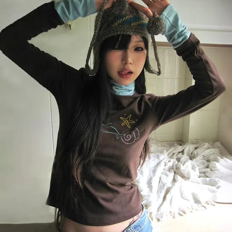 Y2k المحاصيل القمم خمر الماس طباعة كم طويل التي شيرت Harajuku ثقافة فرعية اليابانية Y2k الياقة المدورة تي شيرت جماليات الجرونج