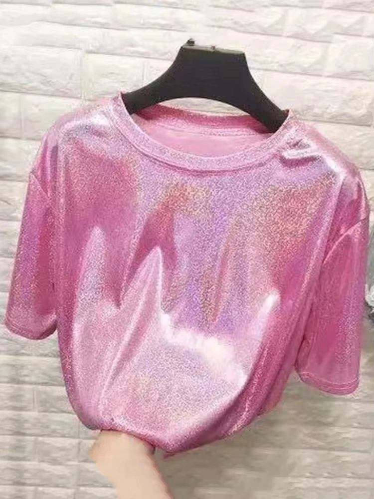 2025 Y2K Harajuku Shiny T-Shirt Women Summer Clubwear Sexy Loose Short Sleeve Top Aesthetic Streetwear Bright Party Clothes