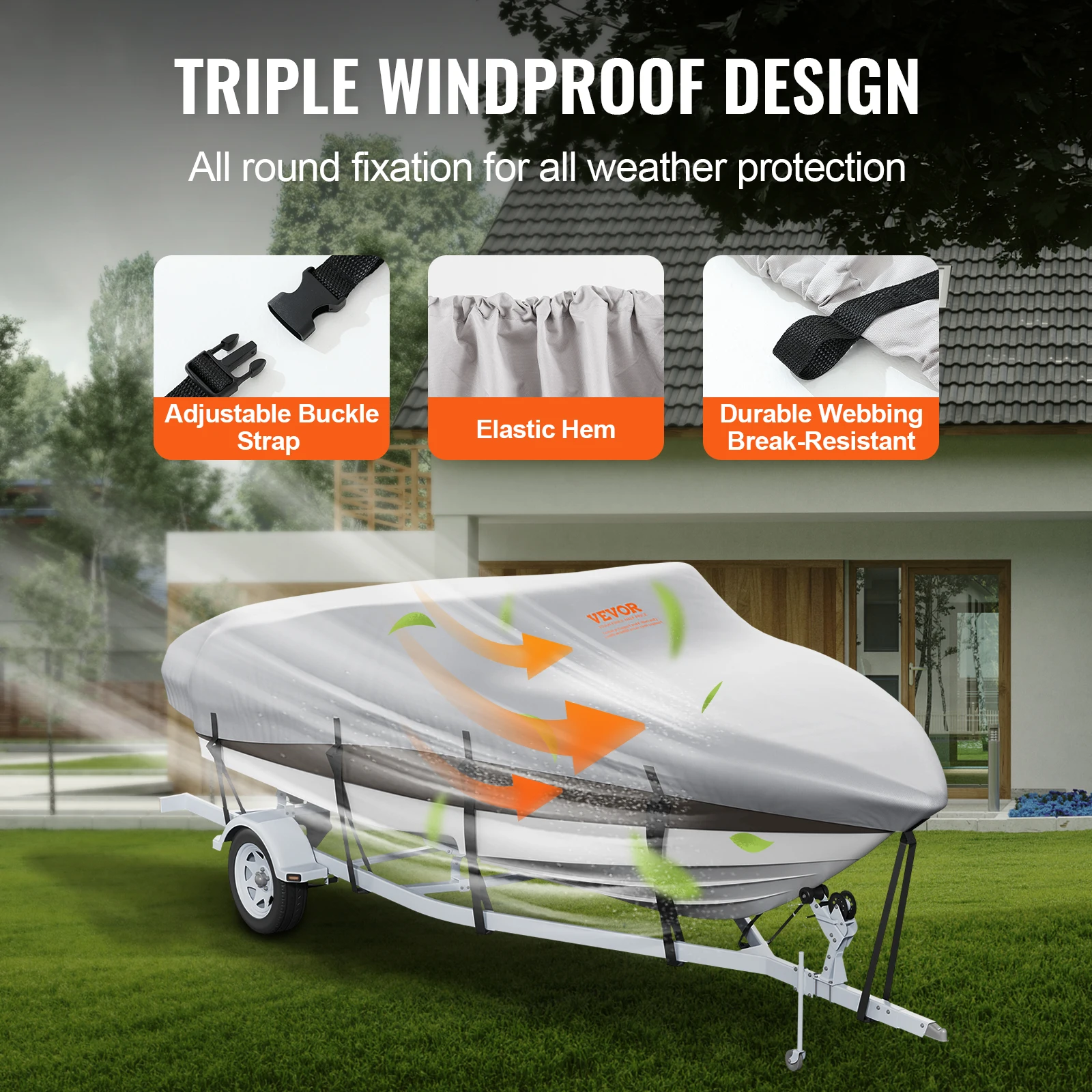 VEVOR Boat Cover Trailerable Waterproof with Motor Cover and Buckle Straps for V-Hull Tri-Hull Fish Ski Boat Runabout Bass Boat