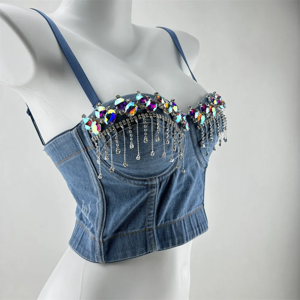 Cowboy Chain Beaded Tassel Bustier Female Spicy Girl Waist Thin Halter Undershirt Nightclub Stage Sexy Tops