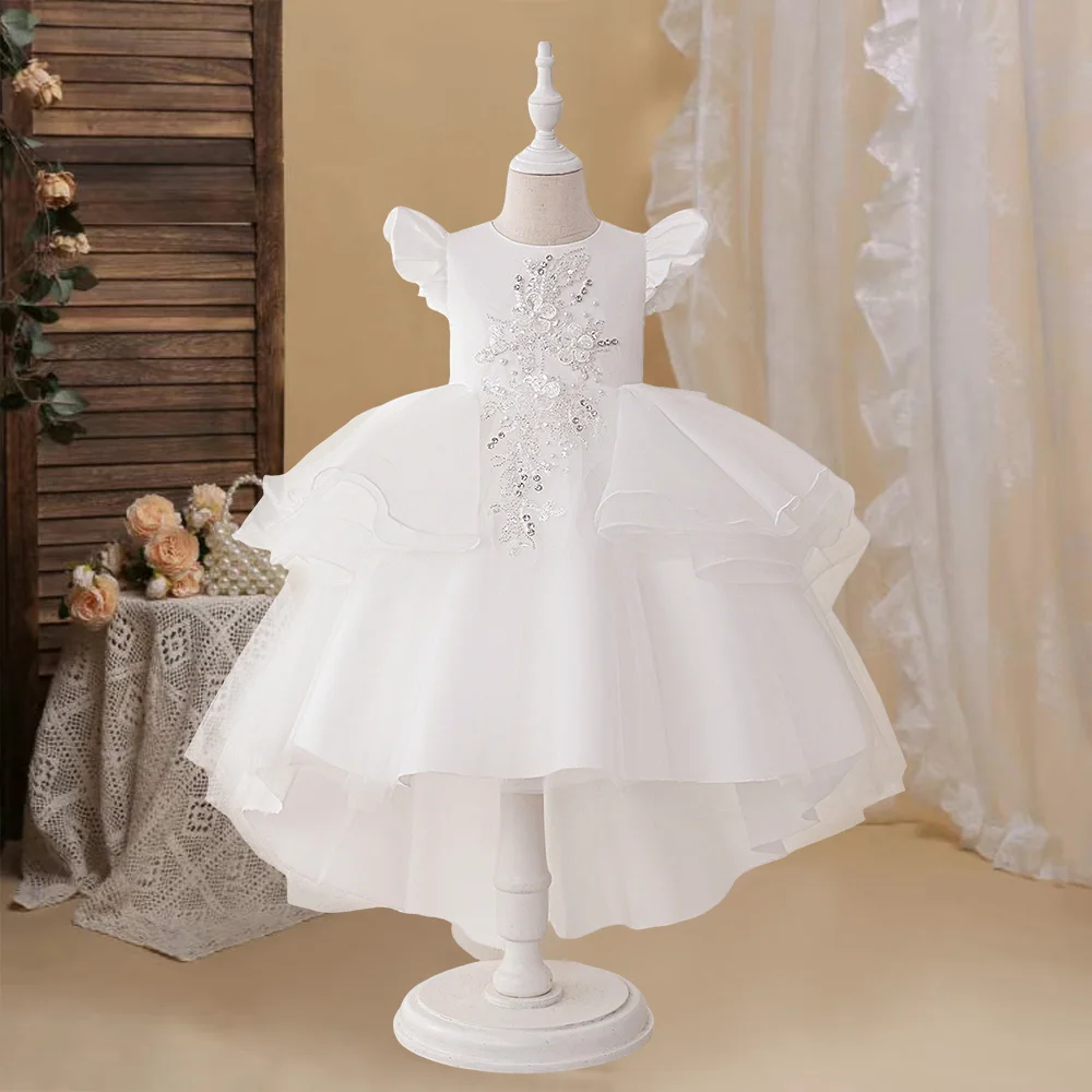 

Fashion White Wedding Girl Dresses Trailing Birthday Piano Party Show Princess Dress Girls Performance Prom Gown Customized