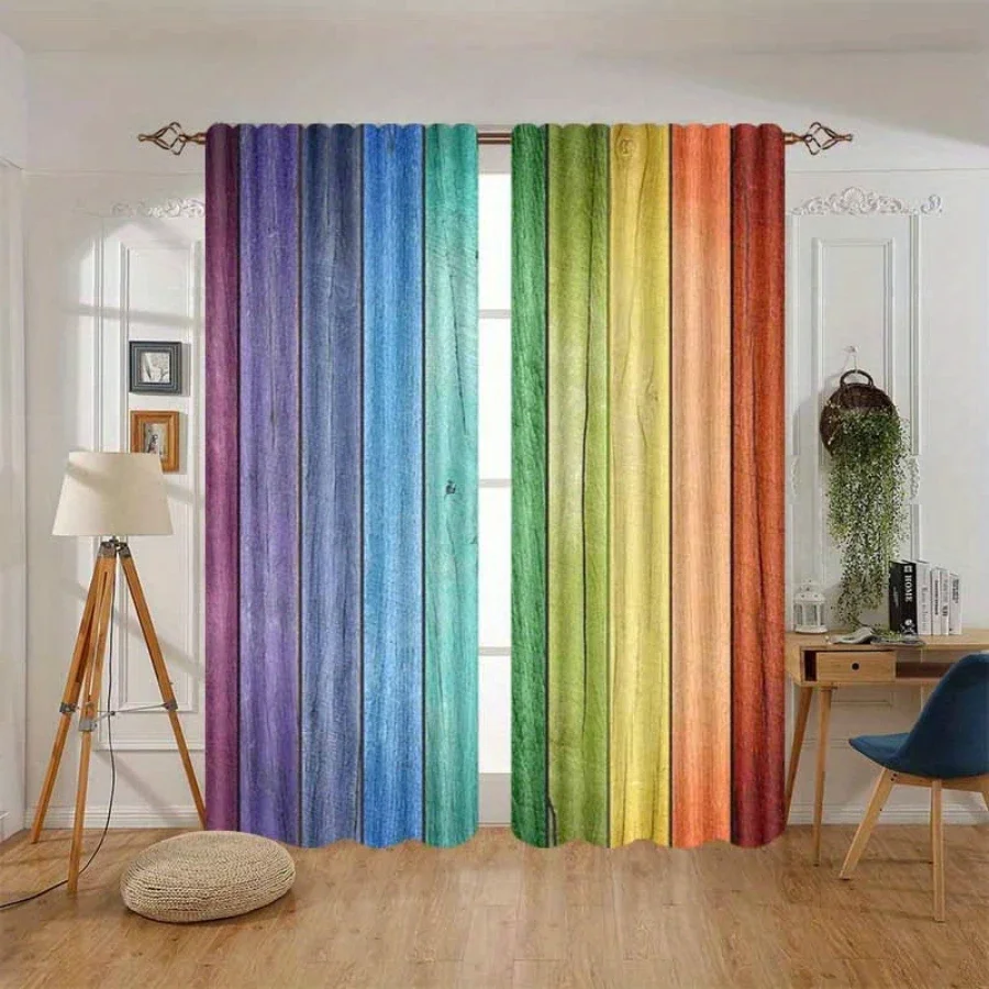 2PCS Digital Printed Curtains, Rainbow Wood Grain Pattern, Artistic Pattern Window Drapes for Living Room Bedroom Decor