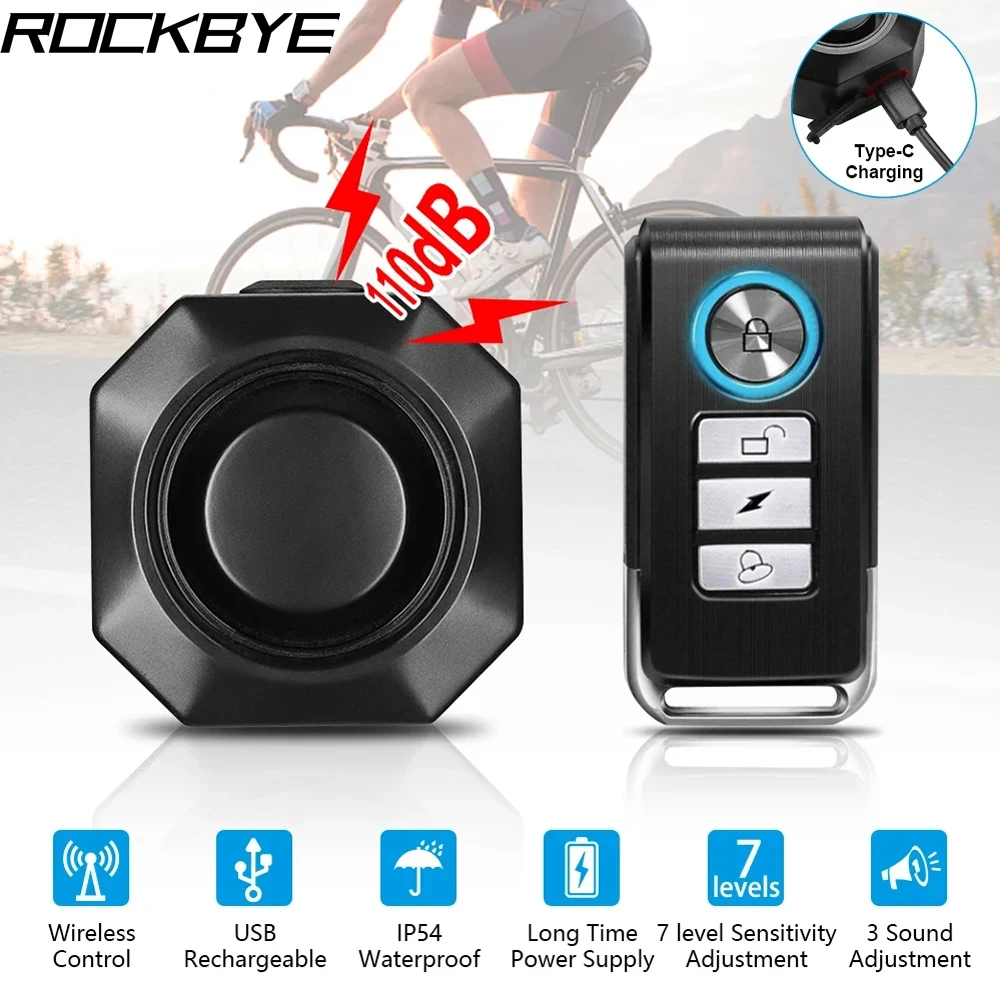 Rockbye Wireless Bike Vibration Alarm USB Rechargeable Remote Control Bike Motorcycle Immobilizer Bike Security Detector System