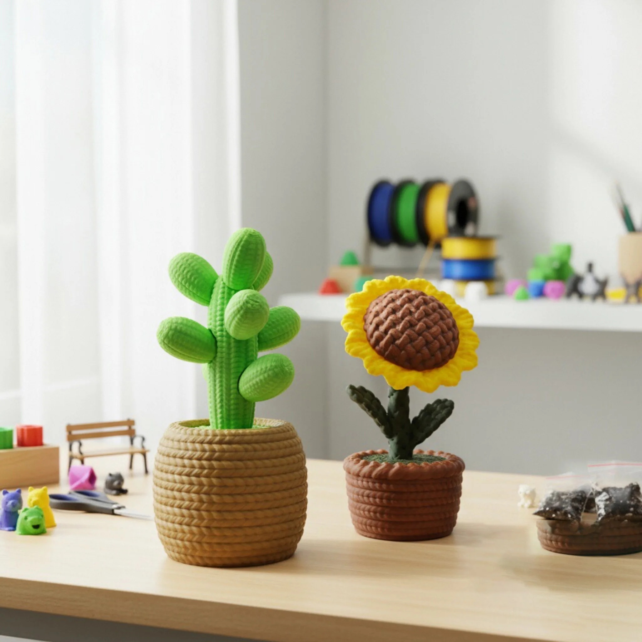 1Pcs 3d printed sunflower and cactus ornament, which does not need electricity, is suitable for creating desktop decoration.