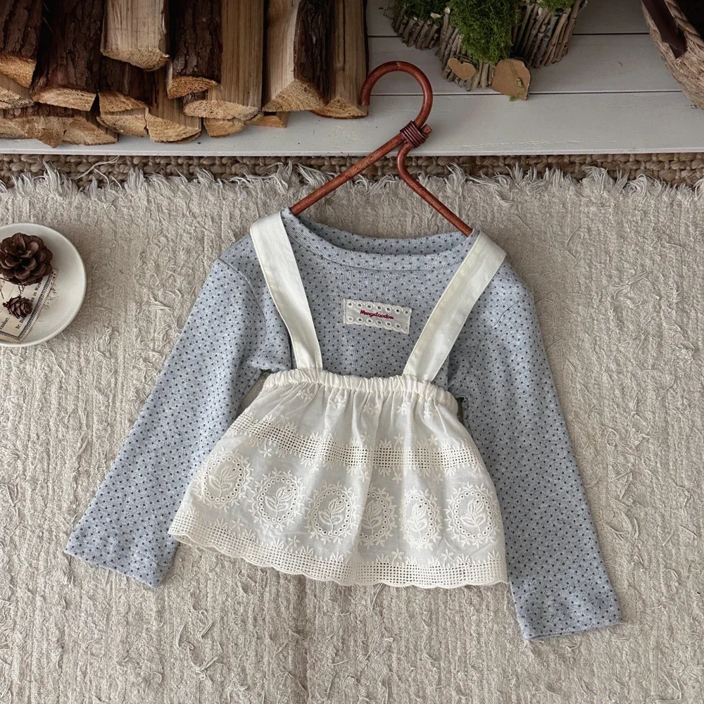 Girls Suit 2026 Spring and Autumn New Childrens Clothes Girls Baby Letter Lace Tape Cloth T-shirt Strap Smock Dress Two Sets