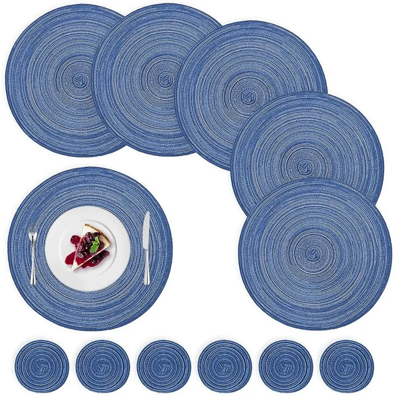 1/4/6 Sets blaue runde geflochtene Tischsets und Untersetzer-Set, waschbare gewebte Tischsets für Küche, Esstisch, Dekoration, Hochzeitsgeschenk