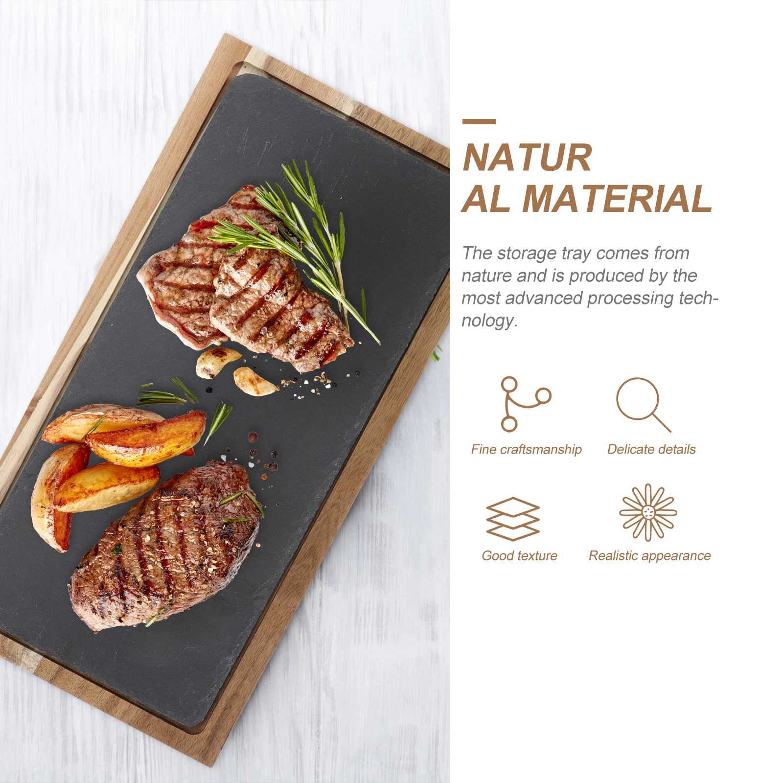 

1 set Black Rectangle Wooden Tray Exquisite Craftsmanship Long Lasting Steak Plate Multi-function Serving Dish