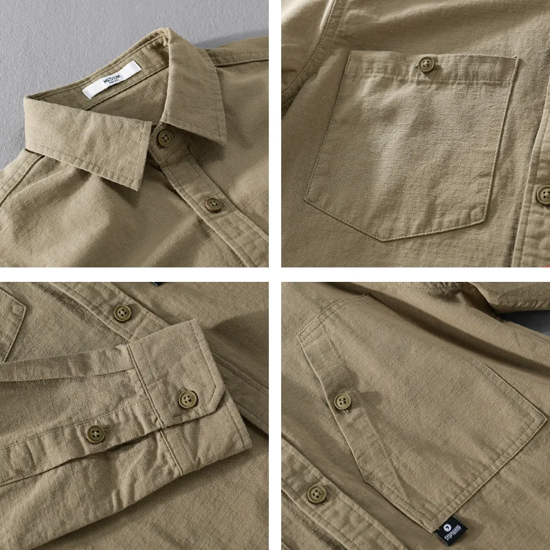 Long Sleeve Casual Shirts For Men 100% Cotton  Loose Fashion Khaki Green Mens Shirts Big Pockets Men Clothing Autumn Spring