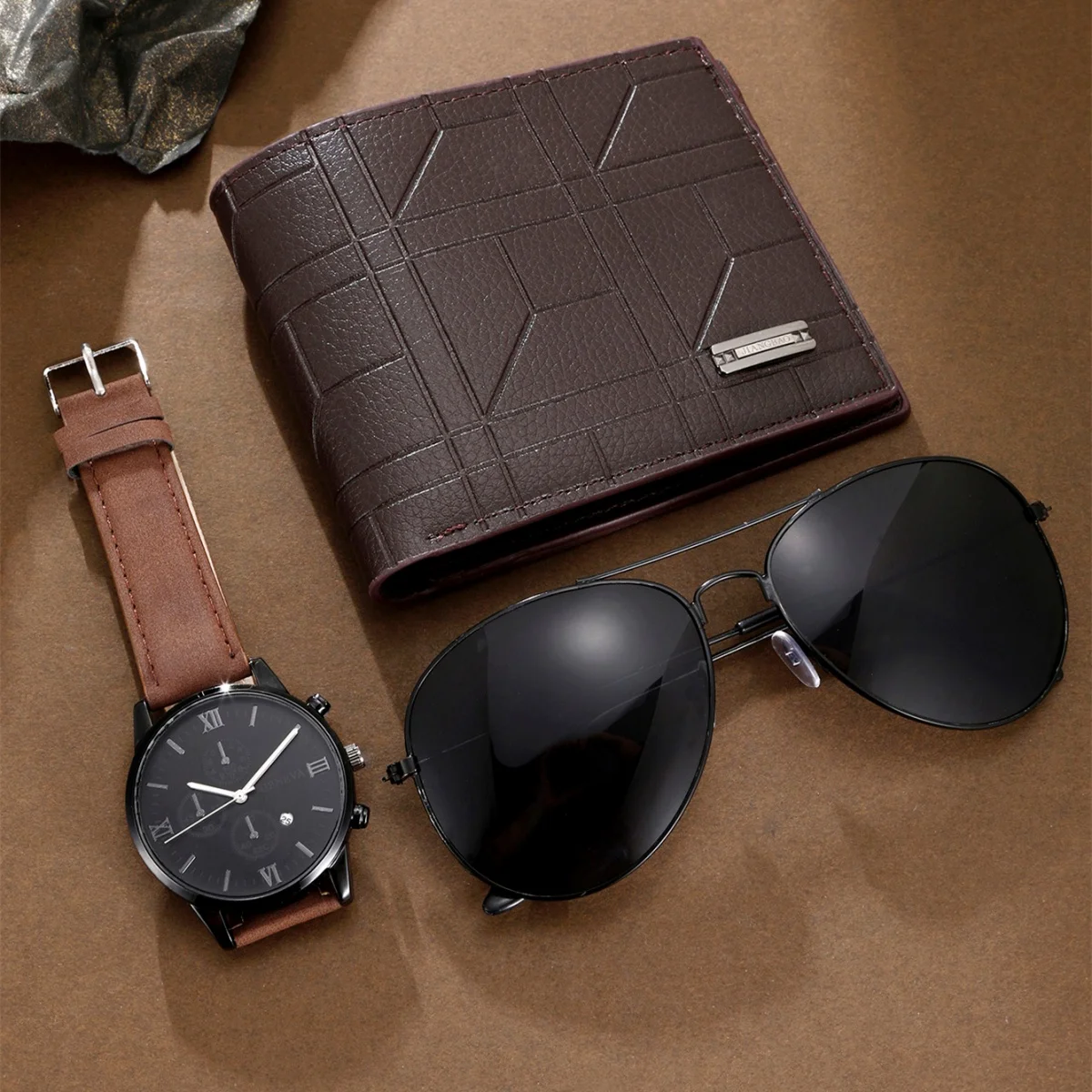 Men\'s Watch Three-piece leather belt Quartz watch, glasses, wallet, gifts for friends