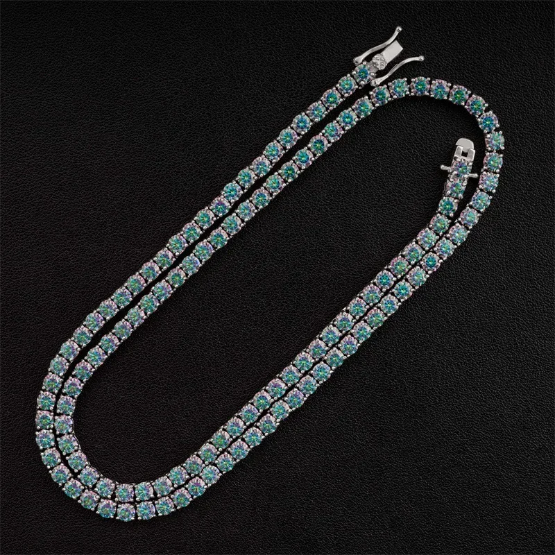 MOJY New Hot S925 Silver 3mm/4mm Colorful Blue Moissanite Tennis Chain Necklace Personalized Fashion Accessories Fine Jewelry