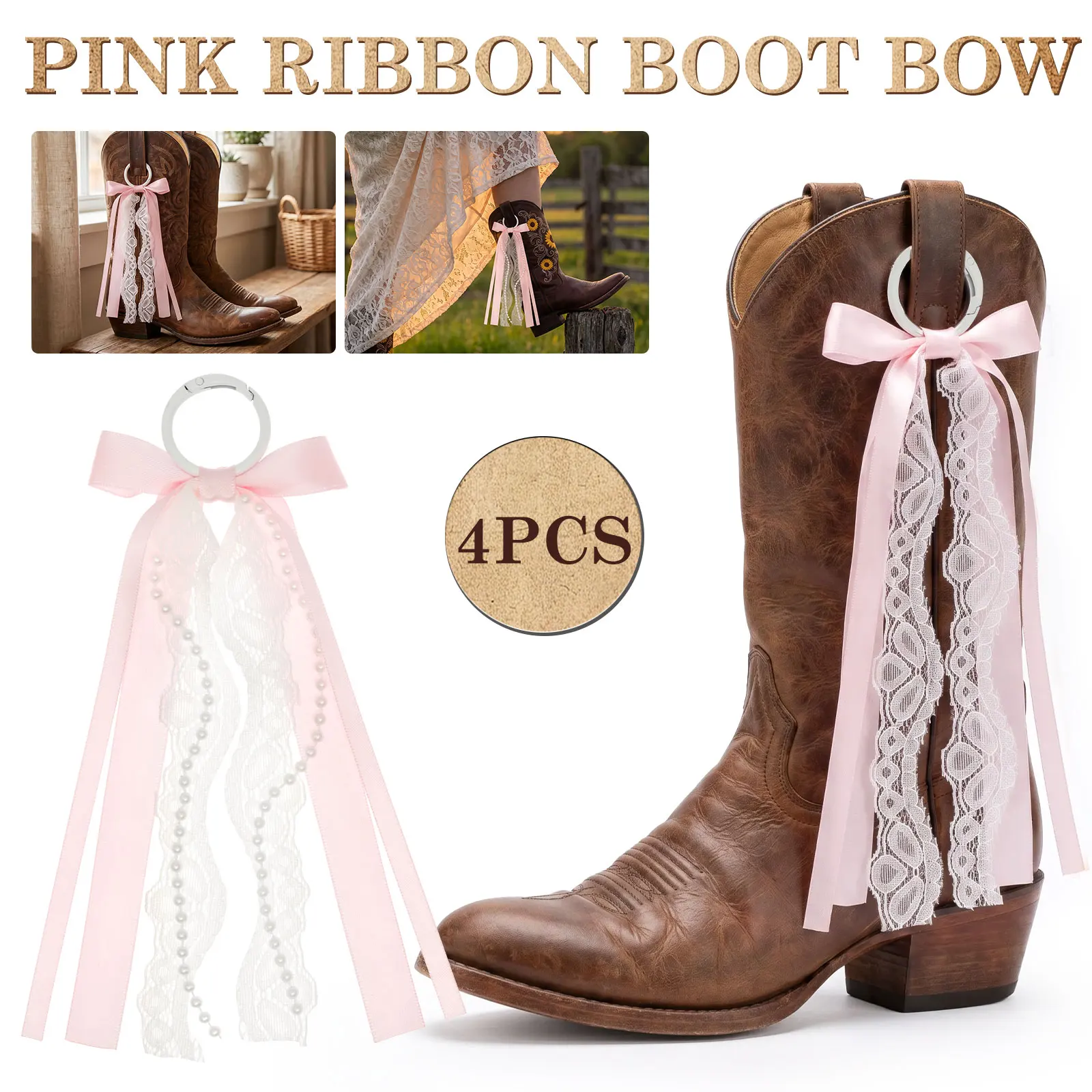 2Pairs Western Boot Bow Charms Built In Elastic Hanging Loop Boot Ribbons for Western Theme Party Concert Photo Event Boot Decor
