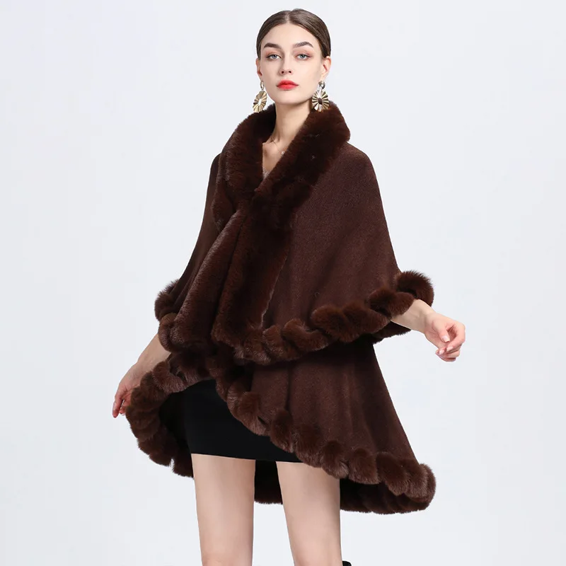 

Autumn Winter Fashionable upscale Imitation Otter Rabbit Fur Cardigan Cape Women Poncho Lady Capes Coffee Cloaks