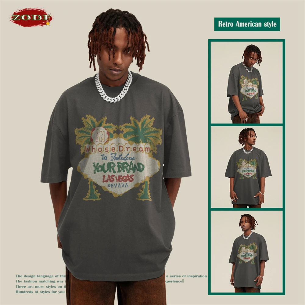 ZODF New Men High Street Washed T-Shirts Unisex Loose Tree Printing 285gsm Cotton O Neck T Shirt For Summer HY0512