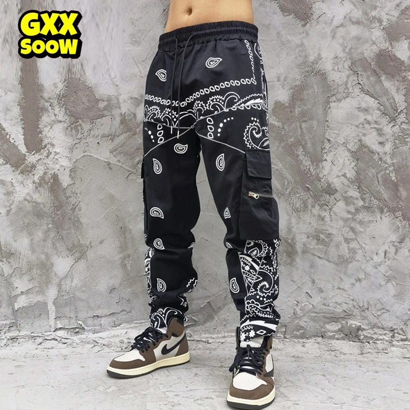 Hip Hip Bandana Pattern Printing Cargo Pants Men Elastic waist Joggers Pant 2021 Fashion Streetwear Dancing Trousers WQ563