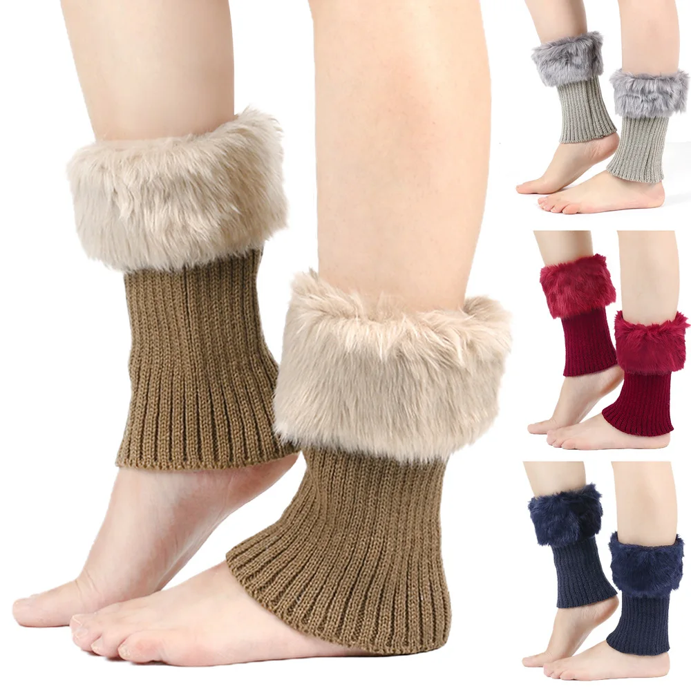 Women Leg Warmers Winter Lady Crochet Knitted Turn-over Faux Fur Trim Leg Boat Socks Thick Boot Cuffs Toppers Warm Foot Cover