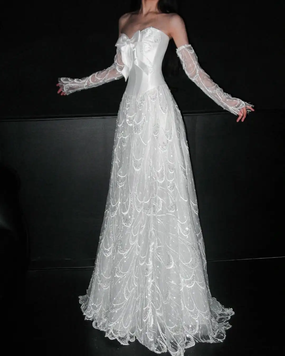 New Design White Strapless Bow Corset Wedding Dress Beaded Lace Off Shoulder Sleeve Maxi Formal Bridal Gown For Women