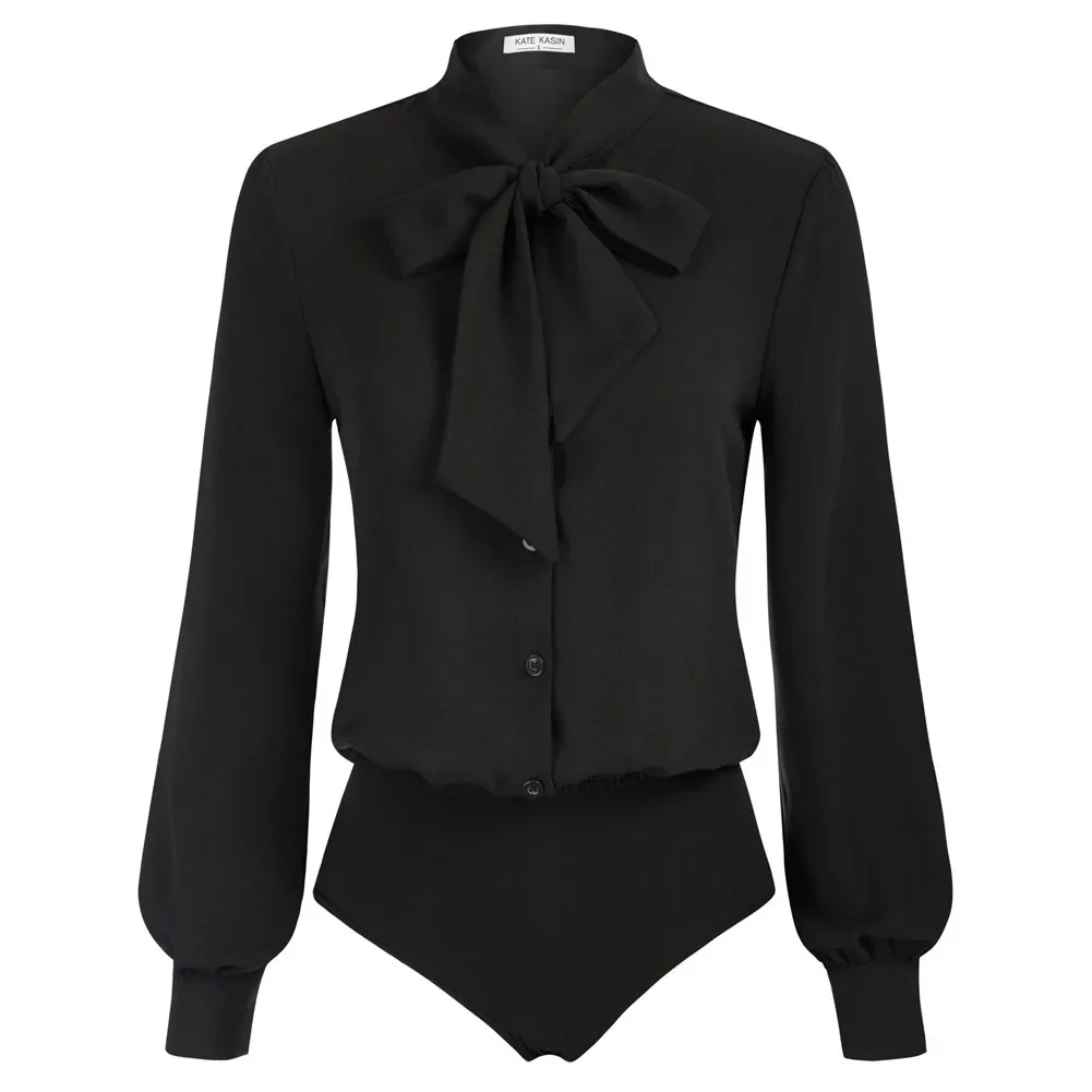 KK Beautiful Women Bow-Knot Decorated Bodysuit Long Sleeve Body-S With Snap Crotch And Stand Collar Elastic Waist Shirt Classic