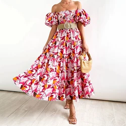 Fashion Summer Women Long Dress Sweet Short Lantern Sleeves Female Dresses High Waist One Shoulder Sexy Holiday Beach Dress