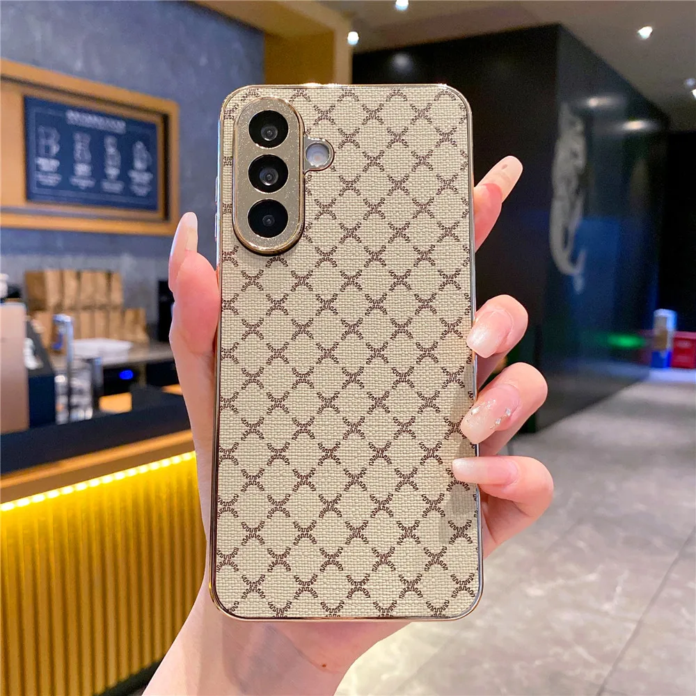 Goldplattierte Gittermuster-Leder-Handyhülle für Samsung Galaxy A17 A57 A37 A56 A55 A16 A35 A15 A36 Stoßfeste Hartschutz-Abdeckung