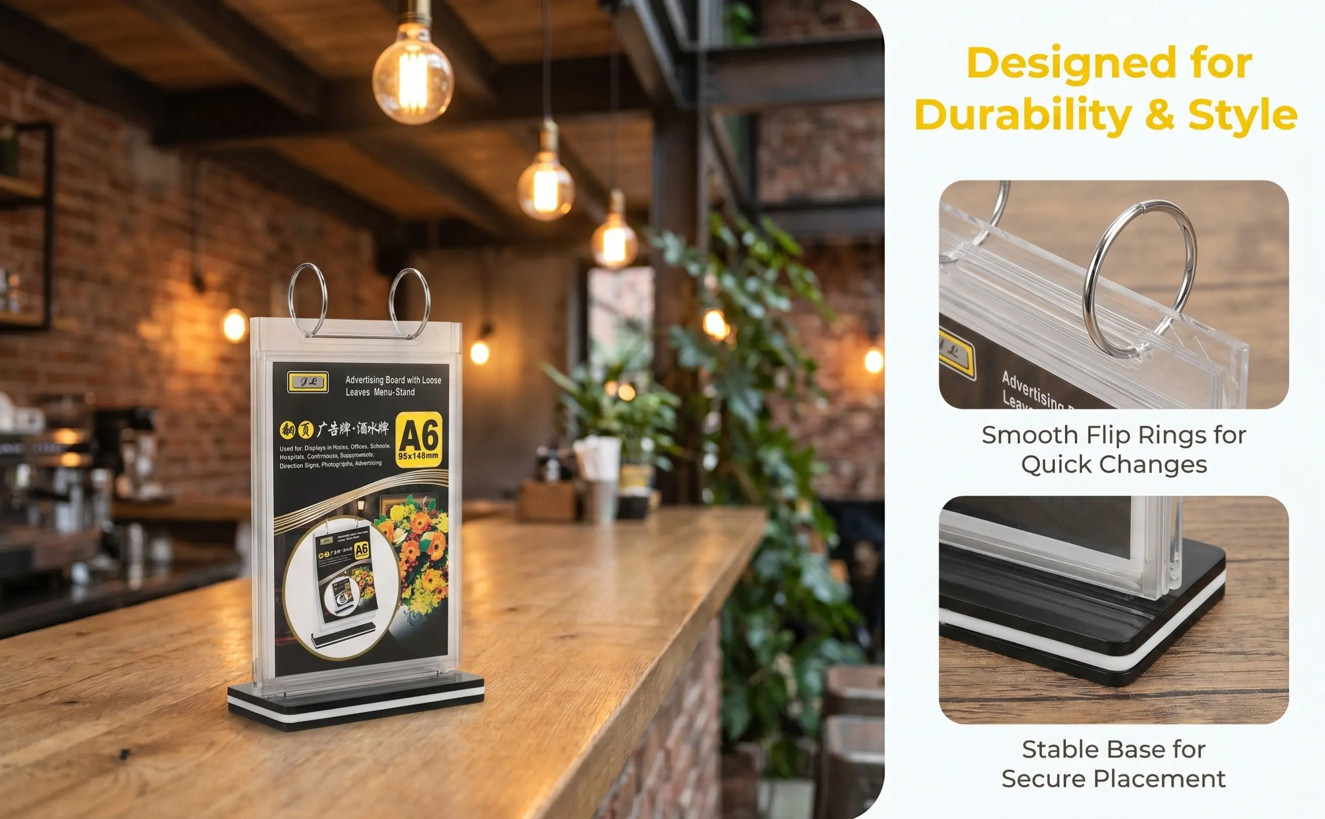 Standing Flip A6 PVC Menu Display Holder Desktop Card Organizer Sign Stand for Restaurants Bars Coffee Shops Catering