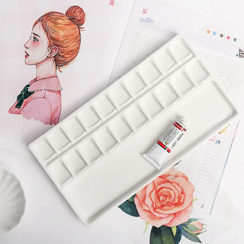 Watercolor Chinese Painting Ceramic Color Palette White Porcelain Rectangular Three Grid 20 Grid