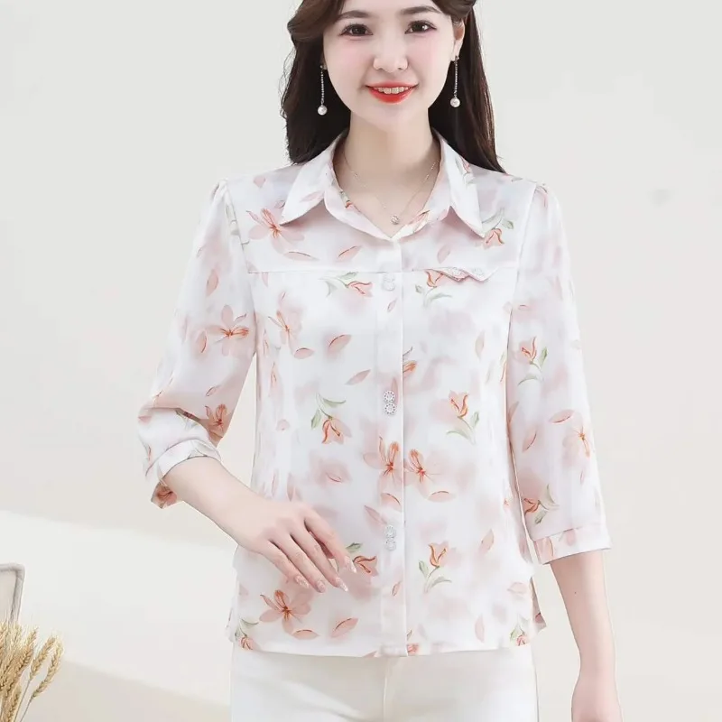 

Women's Floral Print Blouse 3/4 Sleeve Elegant Casual Button Down Chiffon Shirt