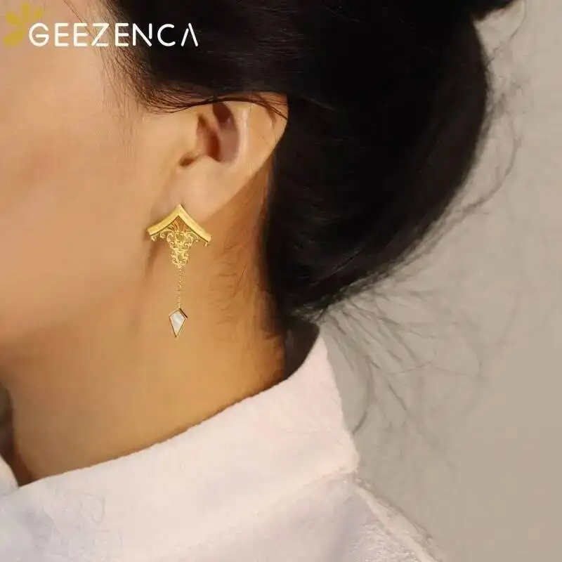 GEEZENCA White Mother of Pearl 925 Silver Dangle Earrings For Women Suspended Fish Chinese Architecture Unique Earring 2023 New
