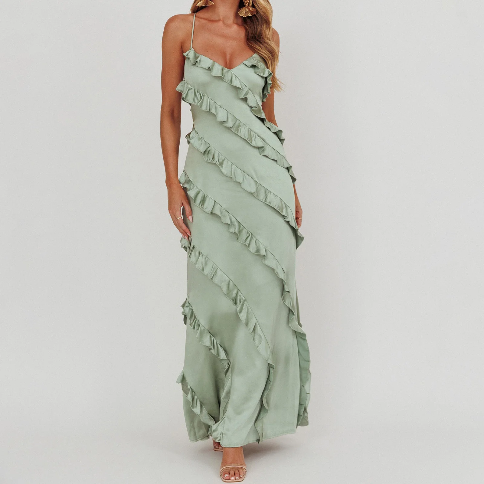 2025 Luxury Women's Soild Color Summer Long Cami Dress Sleeveless Cross Back Ruffle Trim Spaghetti Strap Dress