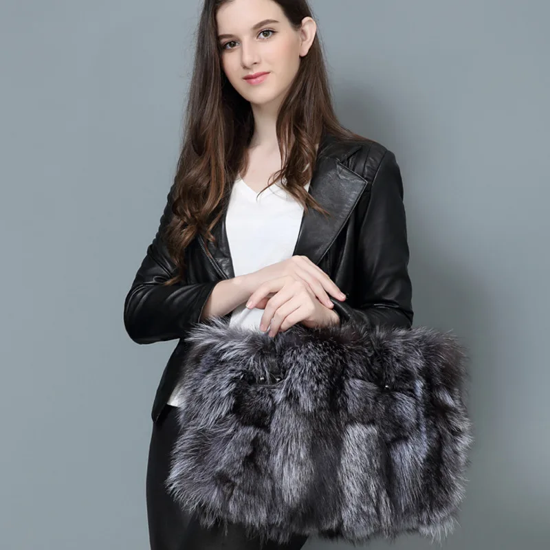 Winter Fox Fur Bag Women Handbag Leather Bag Fashion Shoulder Bags Real Silver Fox Fur Messenger Bags Female Evening Party Bag