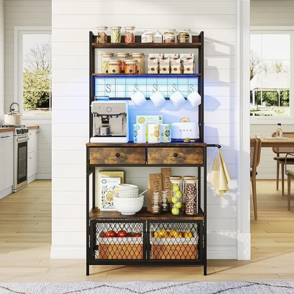 

64 inch Coee Bar Cabinet with Power Outlets and Ders,5-Tier Bakers Rack with Storage,Microwave Stand or Kitchen Industrial Coee