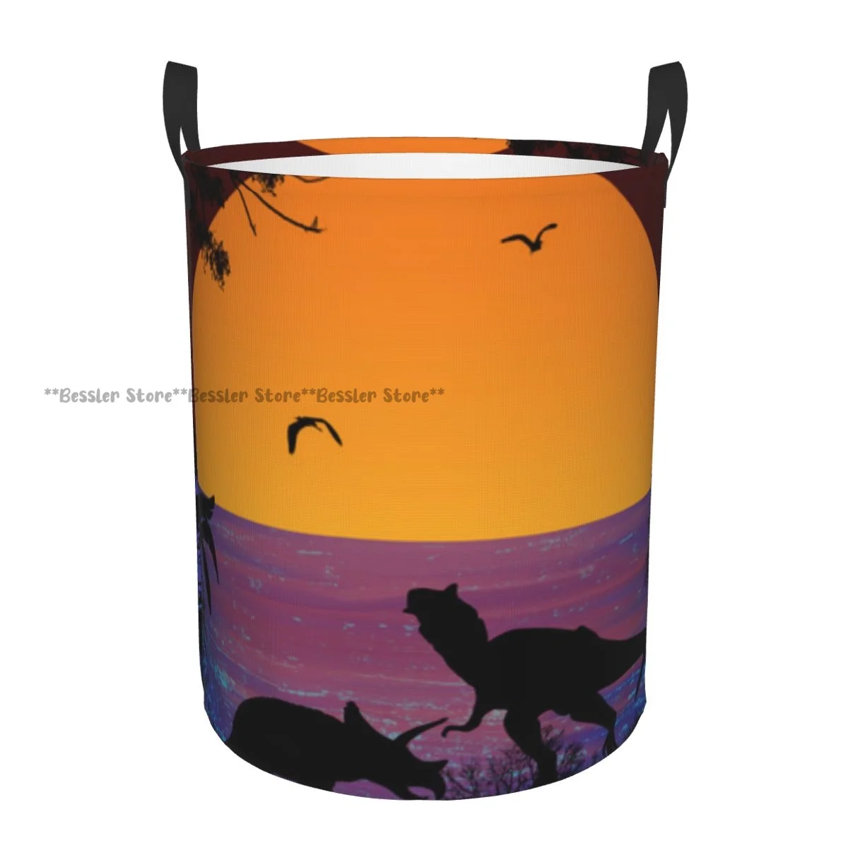 Dinosaurs Silhouettes Seascape At Sunset Waterproof Storage Bag Household Dirty Laundry Basket Folding Bucket Clothes Organizer