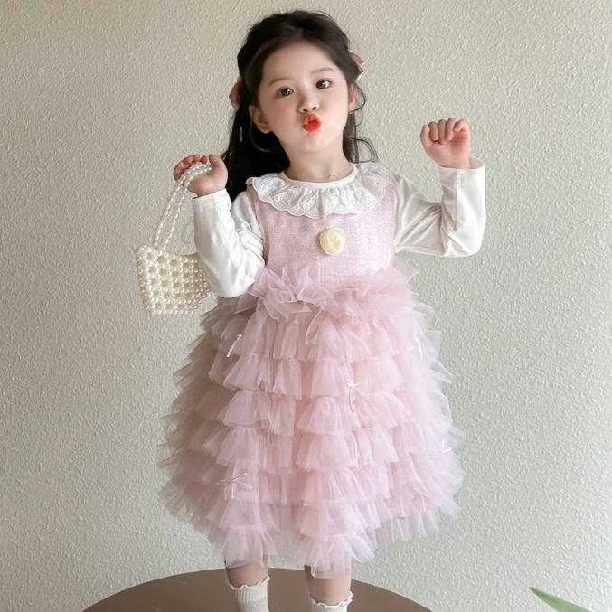 

Костюм для девочек, осень-зима 2022, новая детская одежда, корейский стиль, детская нижняя рубашка для девочек, газовая юбка с розовым тортом, два комплекта