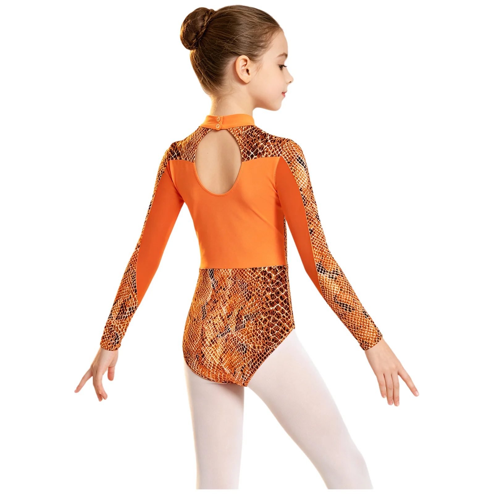 Girls Ballet Dance Gymnastics Leotard Long Sleeve Mesh Patchwork Printed Unitard Figure Skating Acrobatics Tumbling Jumpsuit