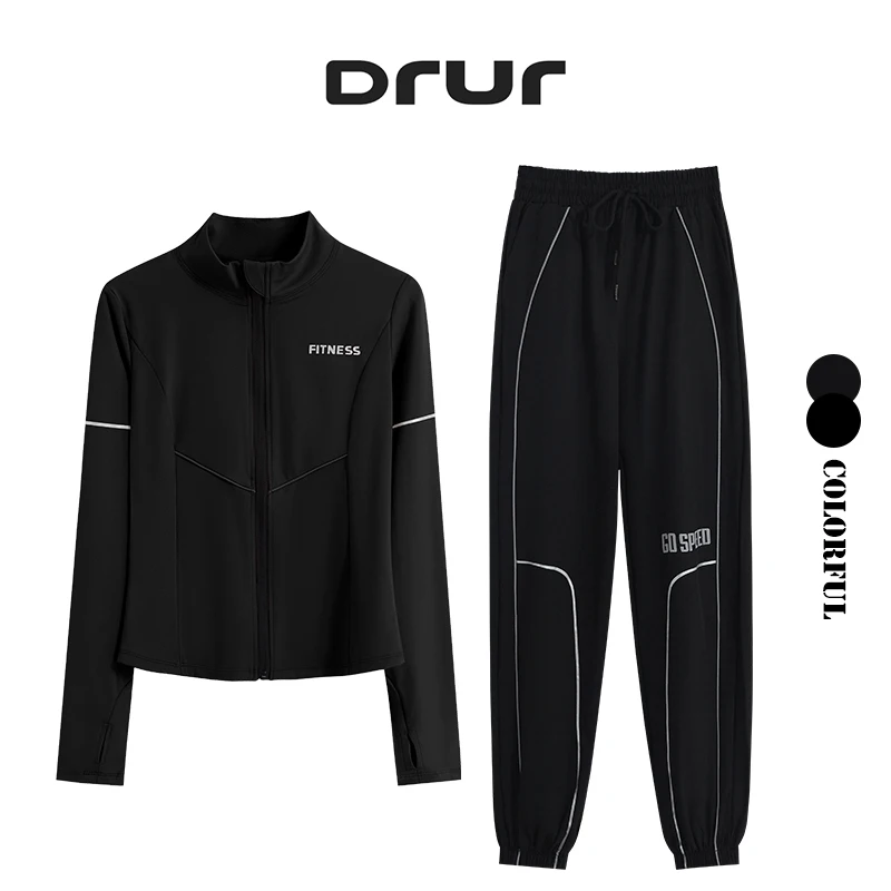 DRUR 2pcs Gym Pant Sets Long Sleeve Zipper Sports Jackets Elastic Waist Pants Baggy Workout Suit Jogger Running Fitness Outfits