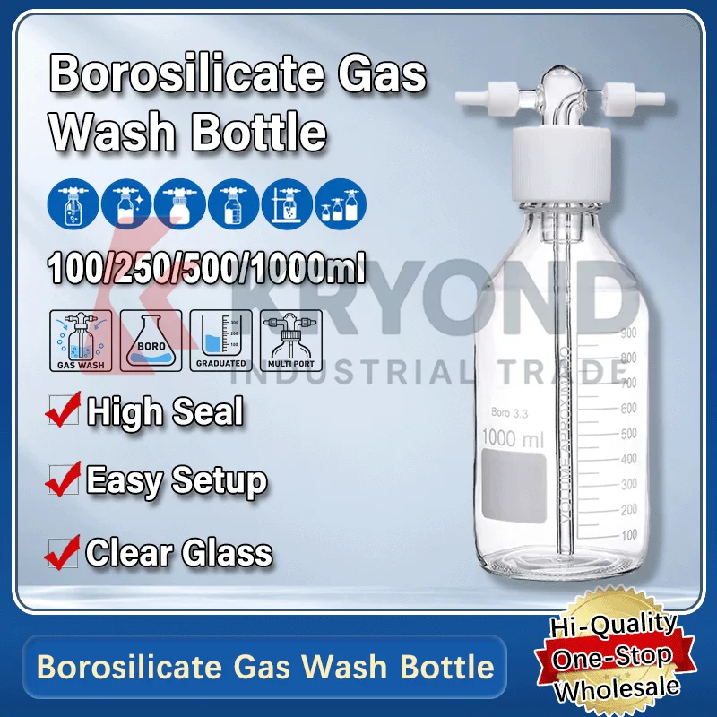Gas Washing Bottle Borosilicate Glass Screw Neck Red Cap PTFE High Seal Complete Set for Laboratory Scrubbing 100ml 250ml 500ml