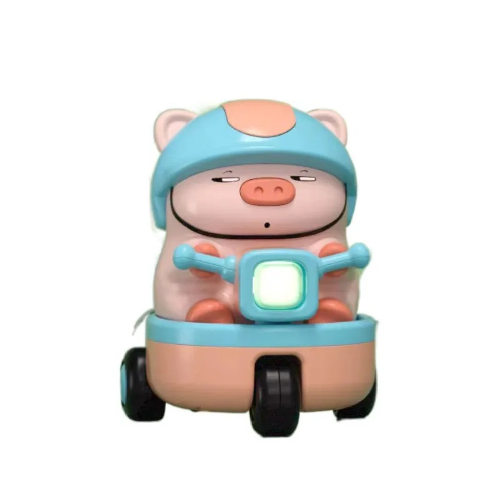 Porco de plástico dublê carro de três rodas som e luz interativa animal piggy carro elétrico móvel rotativo