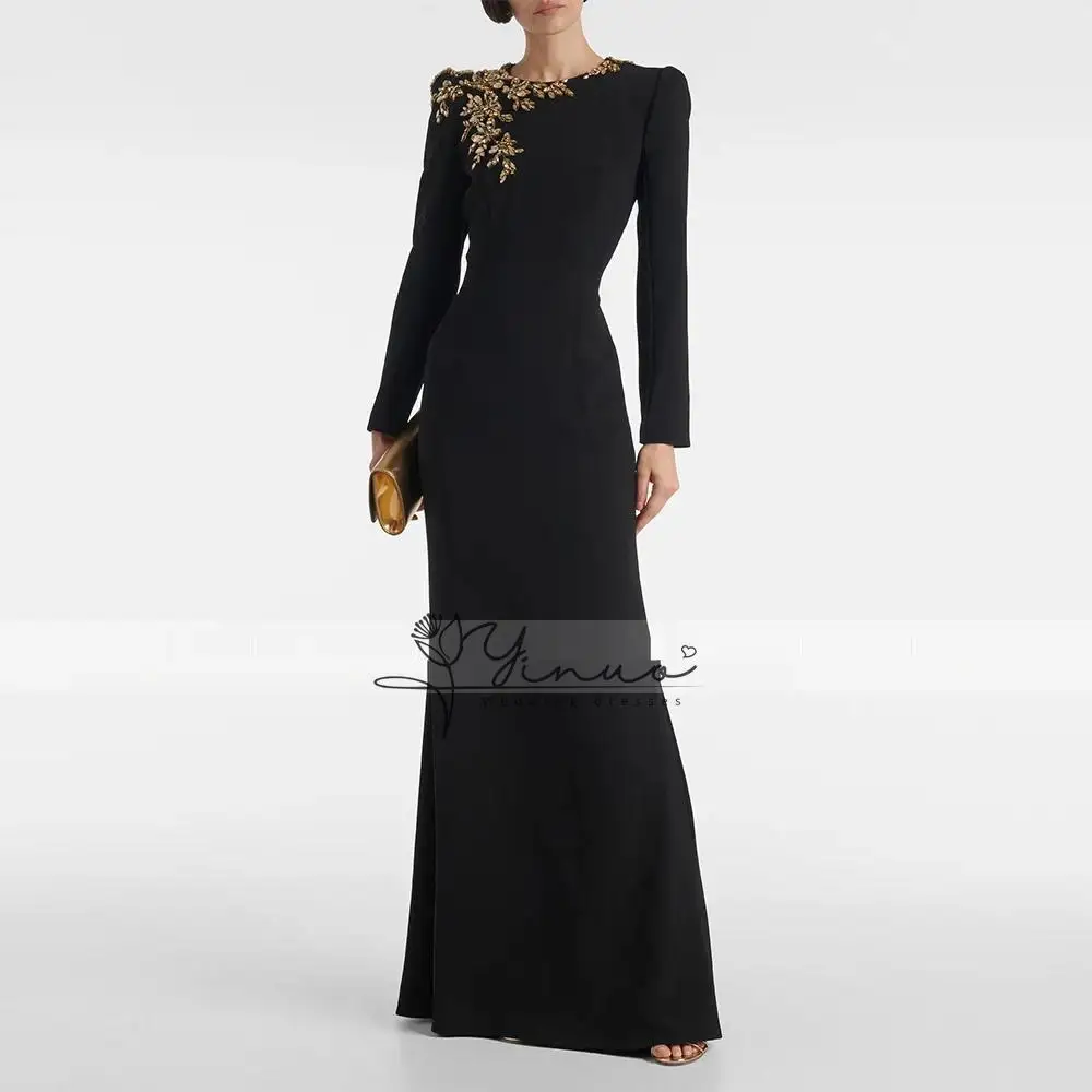 

Customized Mermaid Evening Dress Black Long Sleeves Crystals O Neck Evening Gowns for Women 2025Trumpet Elegant Wedding Party