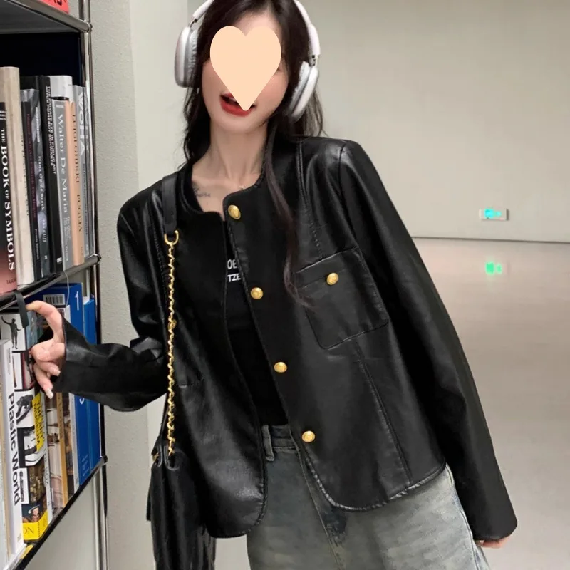 Novo em casacos jaquetas mulheres estilos curtos primavera novo estilo coreano em torno do pescoço único breasted bolsos emendados jaqueta de couro do plutônio