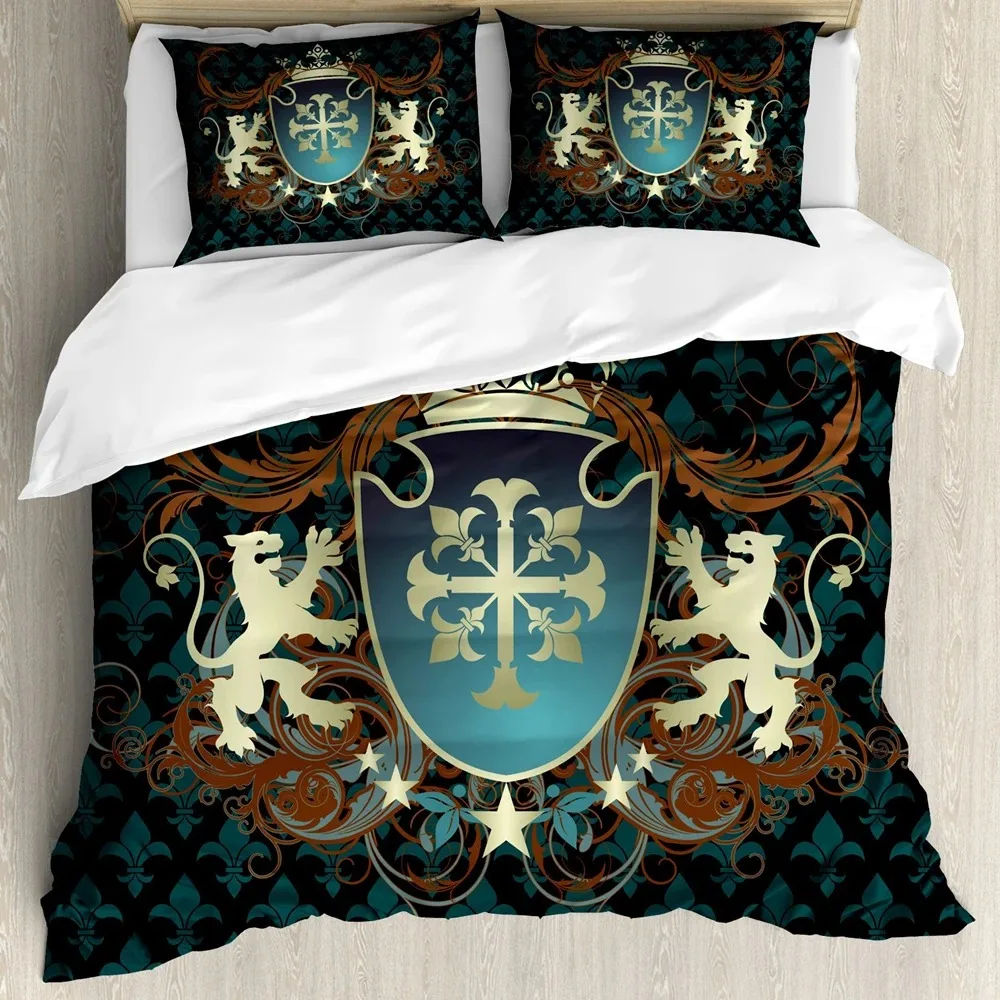 

Medieval Duvet Cover Set,Heraldic Design From Middle Ages Coat of Arms Crown Lions and Swirls, Bedroom Decorative Bedding Sets