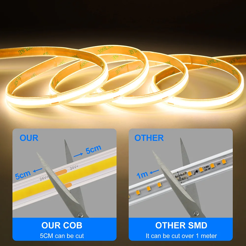 Waterproof COB LED Strip Light 12V 24V 3000K 4000K 6000K IP67 Flexible Led Tape 480LEDs/m 5m 10m 20m 0.5m 1m 2m Linear Lighting