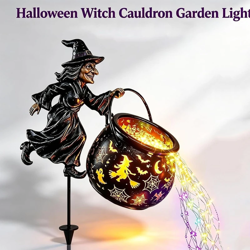 Flying Witch Garden Stake with Glowing Cauldron, Waterfall Light Effect, Halloween  Outdoor for Yard Lawn Pathway Porch Patio view 6