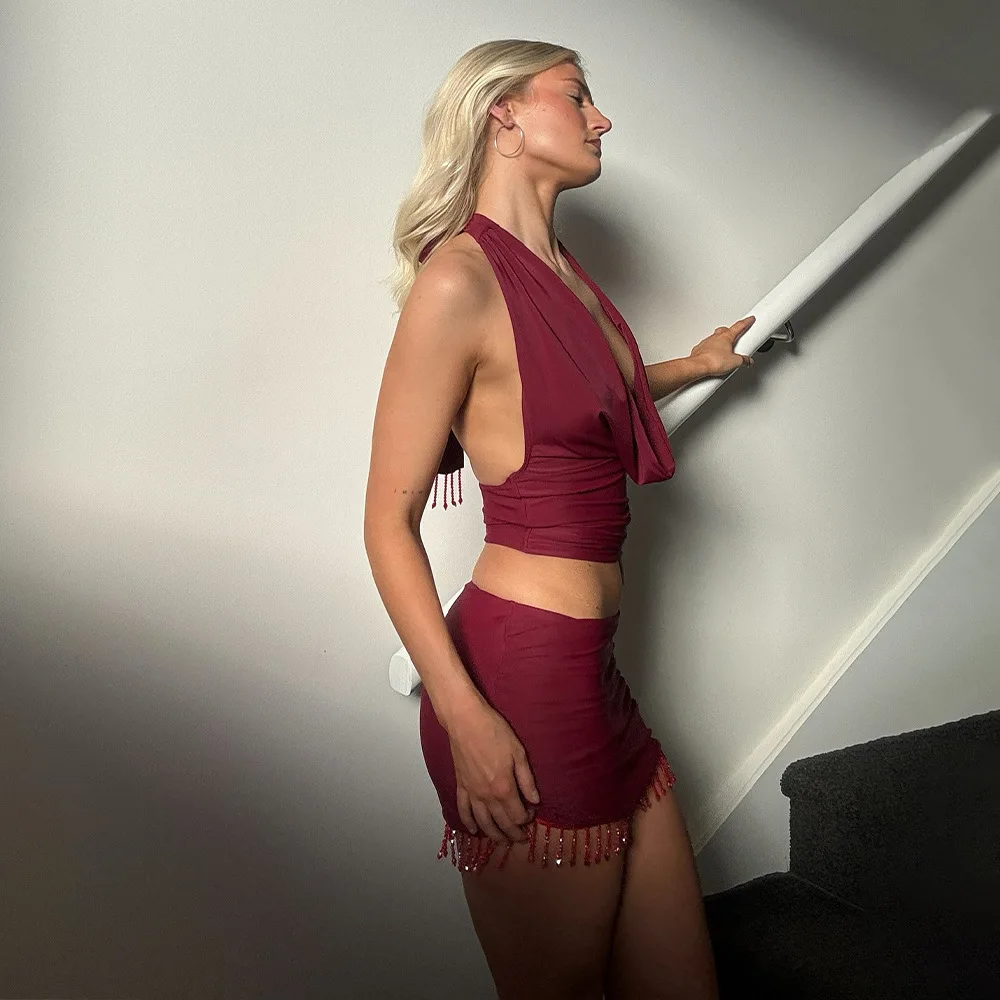 Eleganckie, kryptograficzne, marszczone, drapowane komplety dwuczęściowe typu halter na imprezę klubową, modne stroje, garnitury, top i mini spódniczka, obcisłe komplety damskie.