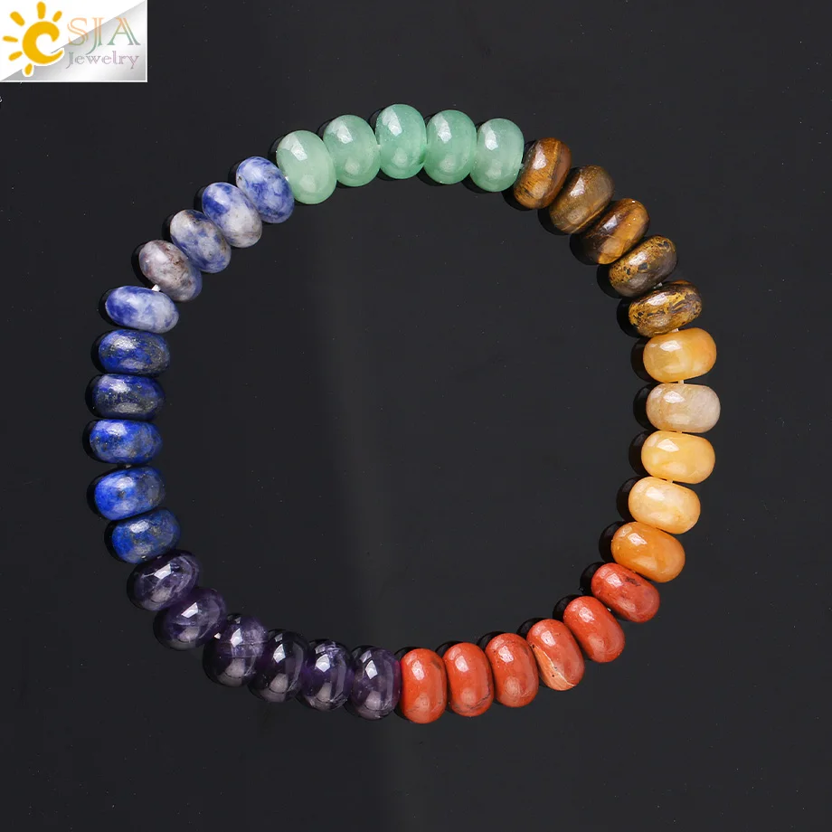 CSJA Reiki 7 Chakra Crystals Bracelet Real Natural Stone Beaded Bracelets for Stress Relax Anxiety Elastic Braided Jewelry H049