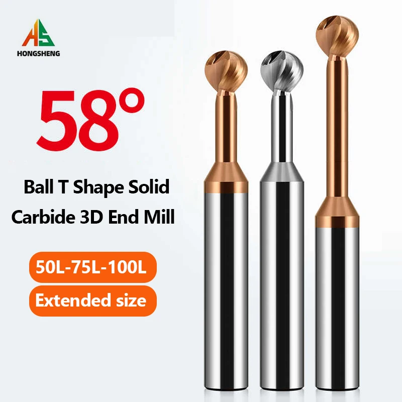 Ball T Shape Cutter Solid R0.5 R0.75 R2 R3 R4 R5 R6 R7 R8 R9 R10 Metal Steel Long Neck Aluminum Copper Iron Carbide 3D End Mill