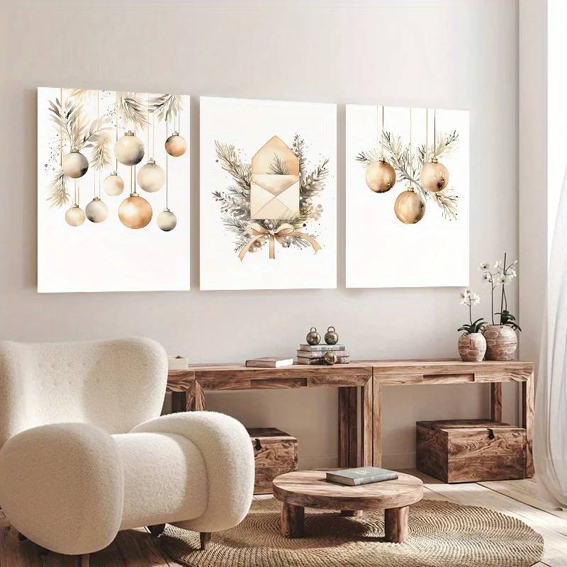3pcs with  -Elegant Christmas ornaments watercolor prints Theme Canvas Wall Art  Painting Clearance Sale, 2D Flat, Su