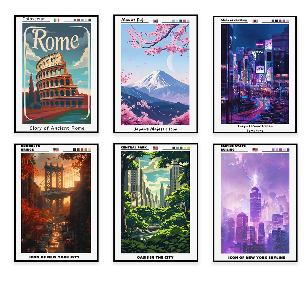 

Italy, Venice, Japan, Mount Fuji, New York, Central Park, Italy, Colosseum, Eiffel Tower, Brooklyn Bridge, USA travel poster